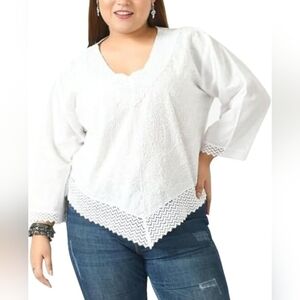 Cotton Tunic Top 3/4 Slevees XL Summer Ethnic Embroidery Lace Asimetric Boho